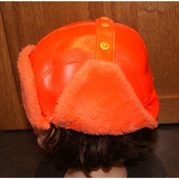 Vintage 70s 80s Trapper Hat Cap Medium Aviator Orange Vinyl Faux Fur USA Made - Picture 5 of 8